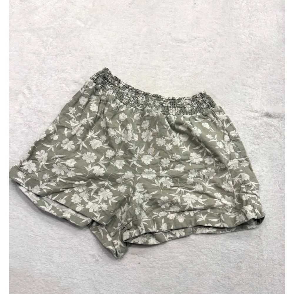 Angels Forever Young Womens Sage Green‎ Floral Linen Blend Smocked Shorts Large